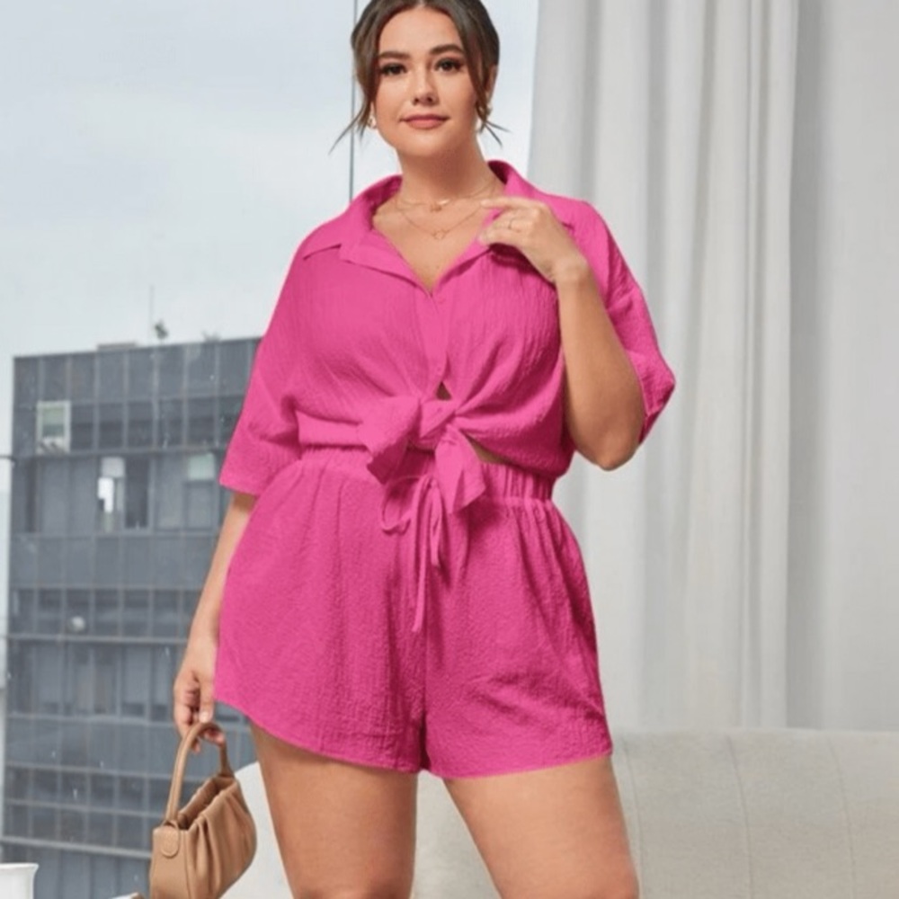 Shein Plus Size Hot Pink Crinkle Casual Top & Shorts Two-Piece Set